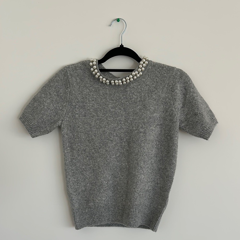 Gray Sweater with Pearl Embellishments